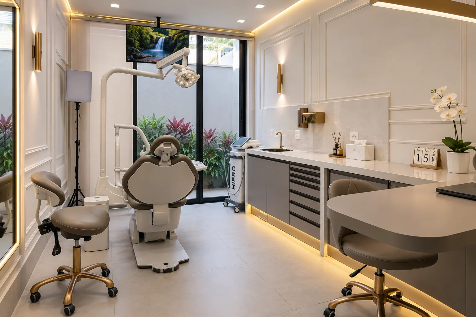 Sala de atendimento com o equipamento HIPRO, bancada em mármore e vista para o jardim